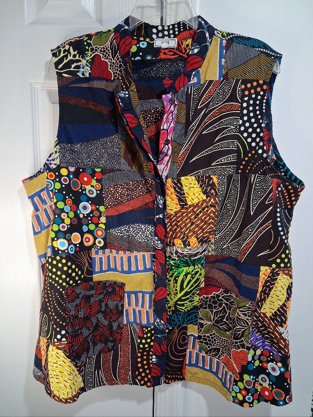 Zuri Made In Kania Multicolor Patchwork Sleeveless Button-Front Top